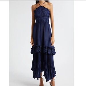 Ramy Brook Dulce Pleated Halter Maxi Dress Size XS Party Cocktail Ruffle In Navy